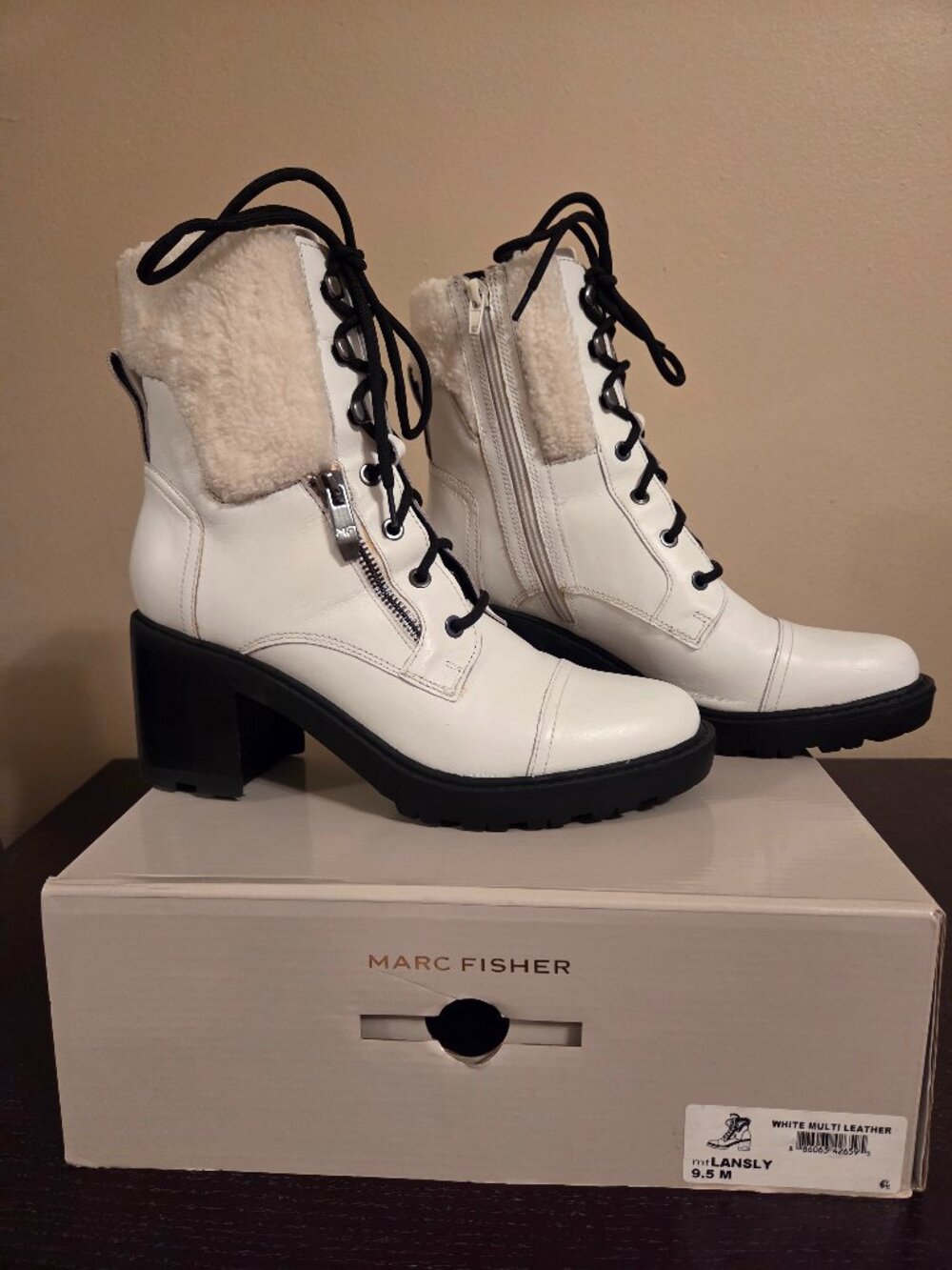Marc Fisher White Lansly Leather Chunky Platform Combat Boots Women's Size 9.5 M